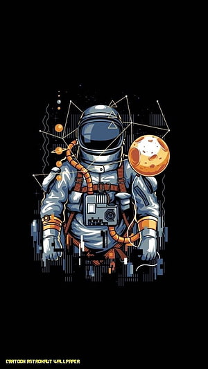 Stylized Cartoon Astronaut with Glitch Art Effects and Floating Planet on Black Background HD phone wallpaper