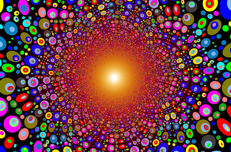 Vibrant Multicolored Circle Tunnel with Radiant Golden Center and Abstract Geometric Pattern HD wallpaper