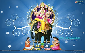 Lord Vishwakarma riding a black elephant with devotees in prayer on a blue background HD wallpaper
