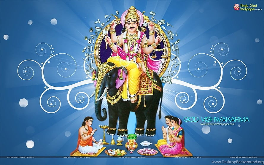 Lord Vishwakarma riding a black elephant with devotees in prayer on a blue background HD wallpaper