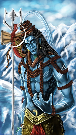 Lord Shiva Digital Art with Trishul and Rudraksha Beads Against Snowy Himalayan Peaks HD phone wallpaper