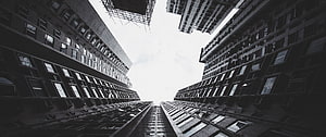 Black and White Urban Architecture Looking Up at Tall Buildings HD wallpaper