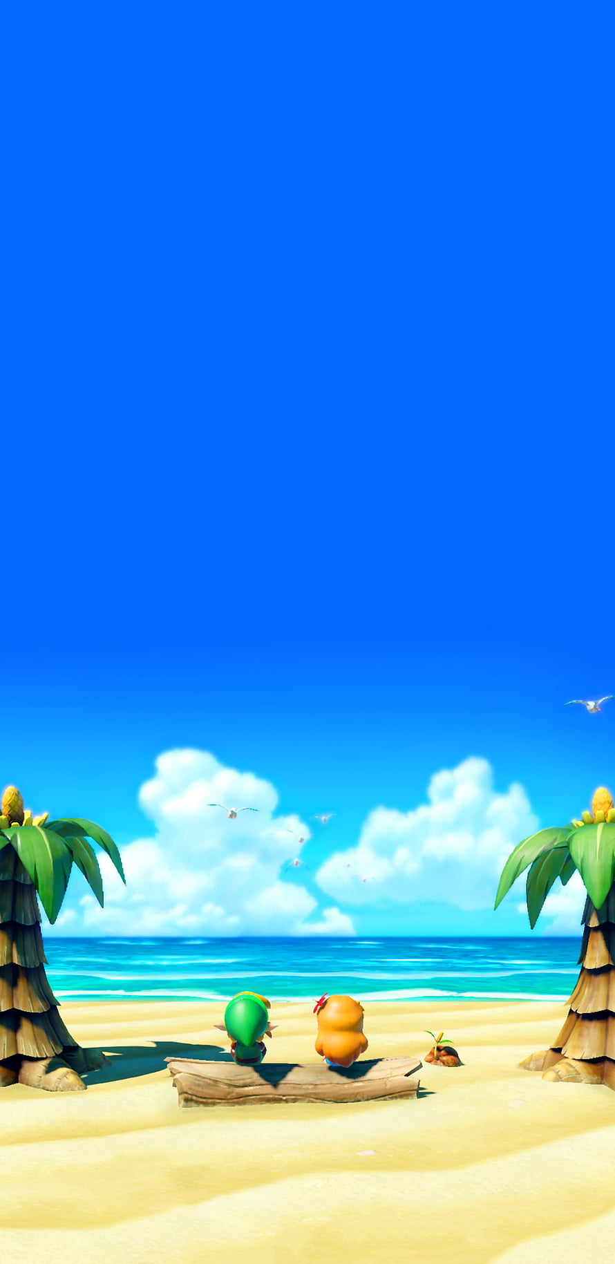 Link and Tatl on a Tropical Island Shore in The Legend of Zelda: Link's Awakening HD phone wallpaper