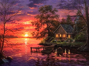 Abraham Hunter Lake Cabin at Sunset with Moored Boats and Warm Window Light HD wallpaper