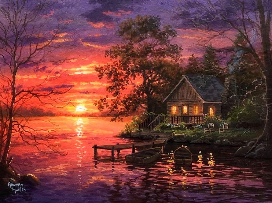 Abraham Hunter Lake Cabin at Sunset with Moored Boats and Warm Window Light HD wallpaper