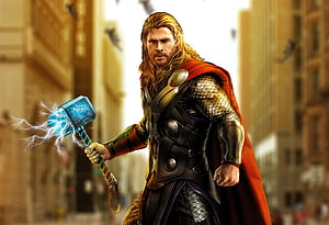 Thor wielding Mjolnir with crackling lightning in a city street, Marvel superhero artwork HD wallpaper