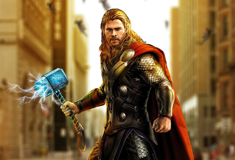 Thor wielding Mjolnir with crackling lightning in a city street, Marvel superhero artwork HD wallpaper