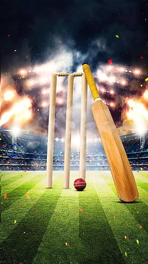 Dramatic Cricket Bat and Stumps on a Floodlit Stadium Pitch with Confetti HD phone wallpaper