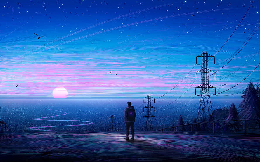 Lonely Man Silhouette Gazing at Neon Sunset Over Power Lines and Starry Night Sky, Silhouette, loneliness, man, river, art, Lonely Man HD wallpaper