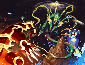 Mega Rayquaza and Shiny Mega Rayquaza Confrontation in Cosmic Battle Scene HD wallpaper