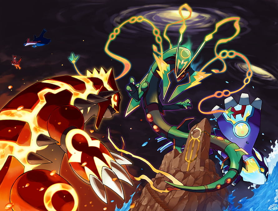 Mega Rayquaza and Shiny Mega Rayquaza Confrontation in Cosmic Battle Scene HD wallpaper