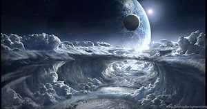 Dramatic Alien Planet and Moon Rising Over a Vast Cloud Sea in Deep Space HD wallpaper