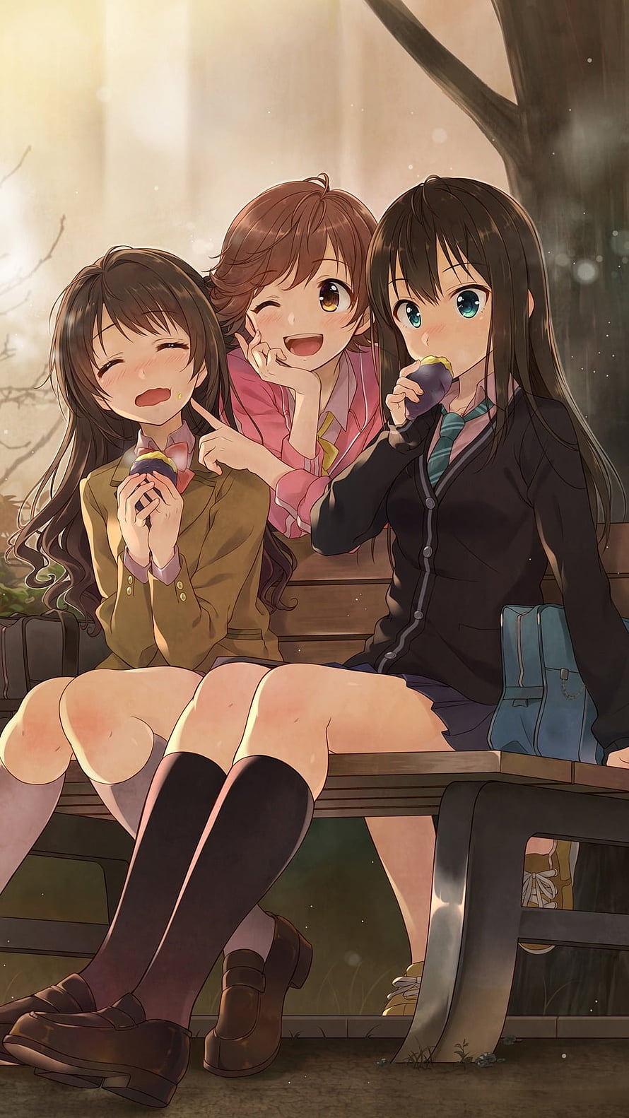Three Anime Schoolgirls Sharing Snacks on a Park Bench in Warm Afternoon Light HD phone wallpaper