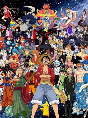 One Piece Luffy Anime Character Collage With Dragon Ball And Naruto Heroes HD phone wallpaper