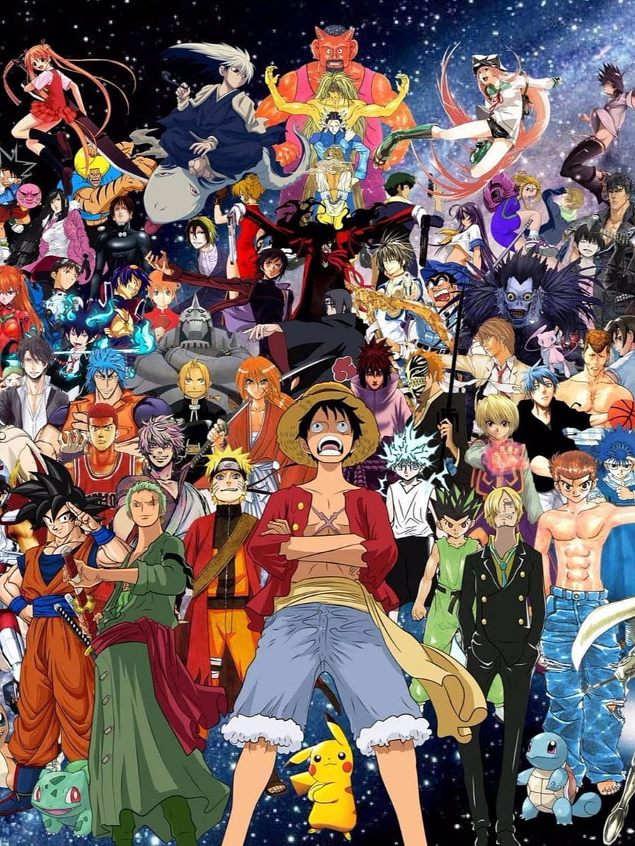 One Piece Luffy Anime Character Collage With Dragon Ball And Naruto Heroes HD phone wallpaper