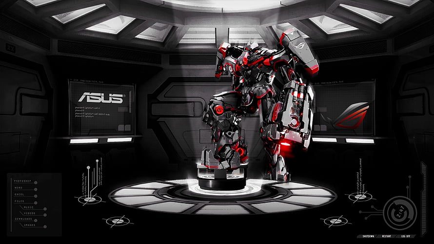ASUS ROG Mecha Robot in Futuristic Sci-Fi Command Center HD wallpaper