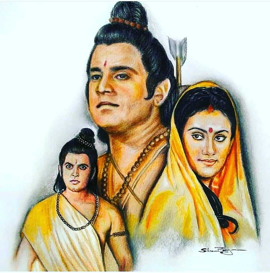 Lord Rama, Sita, and Lakshmana in Traditional Indian Art Style HD phone wallpaper