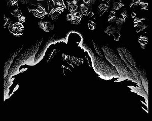 Berserk Guts Manga Illustration with Dark Demon Faces and Black Wings HD wallpaper