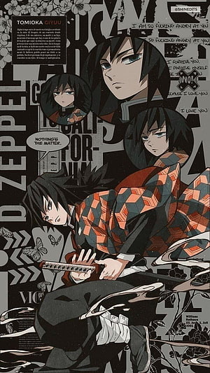 Tomioka Giyuu Demon Slayer Character Artwork with Geometric Patterned Kimono and Katana HD phone wallpaper