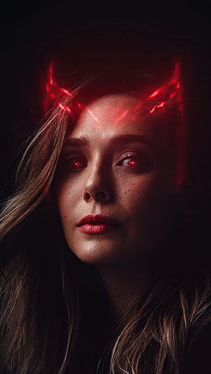 Scarlet Witch Portrait with Glowing Red Eyes and Fiery Horns in Dark Cinematic Style HD phone wallpaper