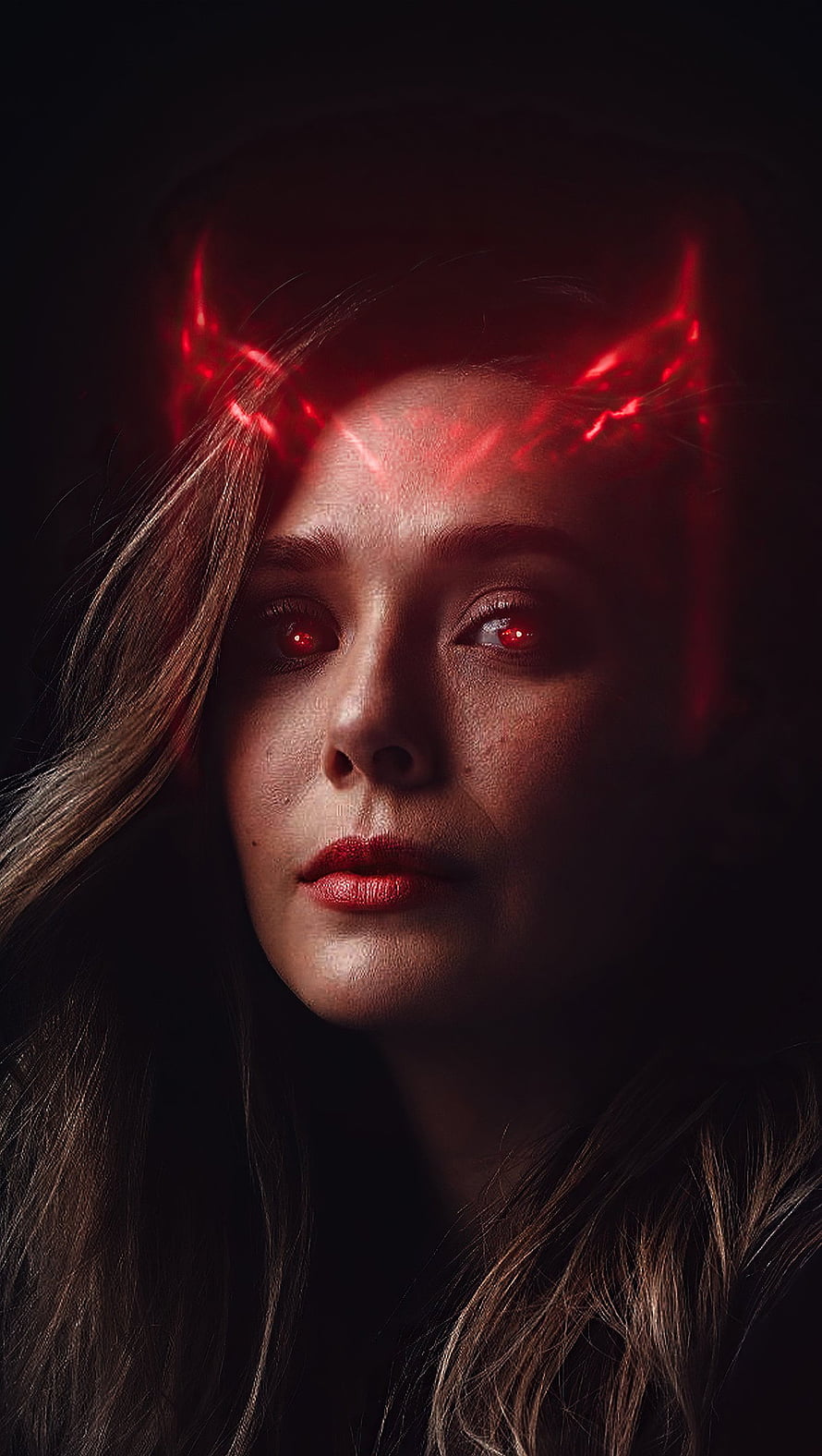 Scarlet Witch Portrait with Glowing Red Eyes and Fiery Horns in Dark Cinematic Style HD phone wallpaper