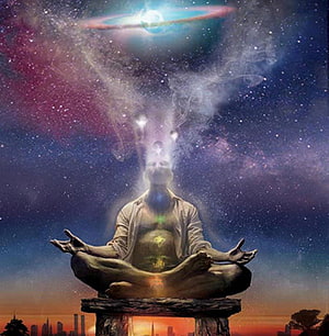 Meditating Figure with Glowing Chakras and Cosmic Nebula Background HD phone wallpaper