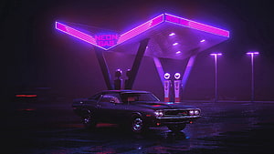 Classic Muscle Car Parked at a Retro Neon Gas Station Under a Purple Night Sky HD wallpaper