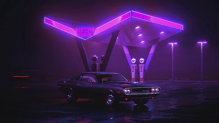 Classic Muscle Car Parked at a Retro Neon Gas Station Under a Purple Night Sky HD wallpaper