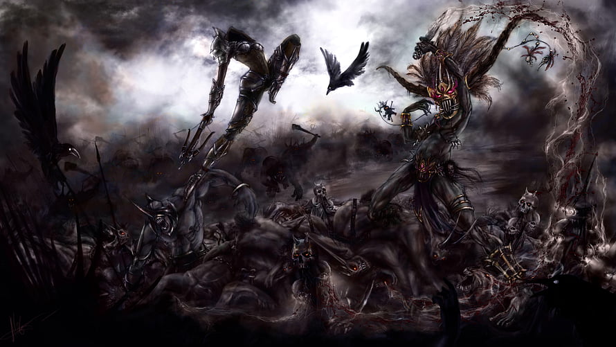 Diablo 4 Dark Fantasy Battle Scene with Demonic Figures and Crows HD wallpaper