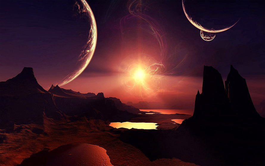 Alien Planet Landscape with Giant Moons and Fiery Sunset Over Rocky Terrain HD wallpaper