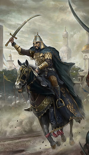 Saladin on Horseback: Epic Medieval Islamic Warrior Illustration by Huntborn Studio HD phone wallpaper