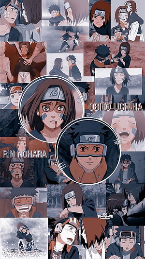 Naruto Anime Collage Featuring Obito Uchiha and Rin Nohara Character Moments HD phone wallpaper