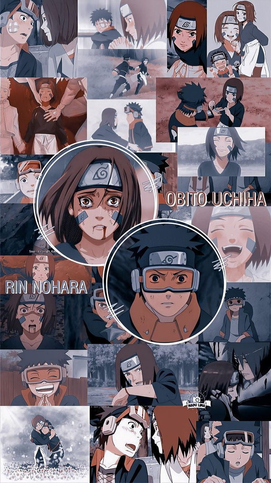 Naruto Anime Collage Featuring Obito Uchiha and Rin Nohara Character Moments HD phone wallpaper