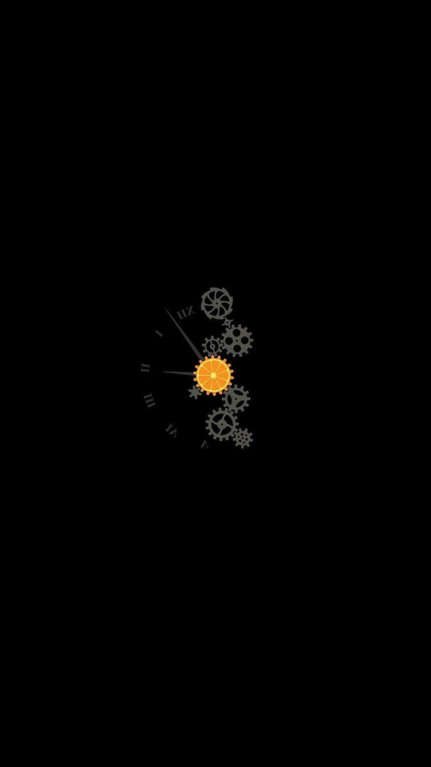 Minimalist Steampunk Clock with Orange Gear on Black Background HD phone wallpaper