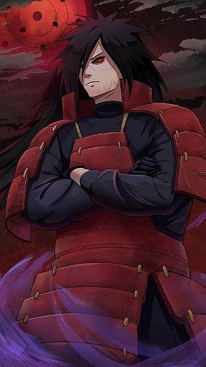 Madara Uchiha in Akatsuki Robe with Sharingan Eyes and Purple Chakra Aura HD phone wallpaper