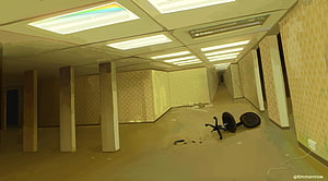 The Backrooms Level 0 Empty Office Corridor with Fluorescent Lighting and Dropped Chair HD wallpaper