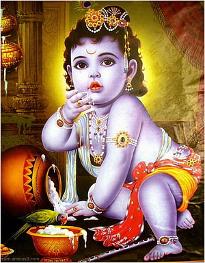 Baby Krishna Eating Butter with Parrot and Flute in Traditional Indian Art HD phone wallpaper