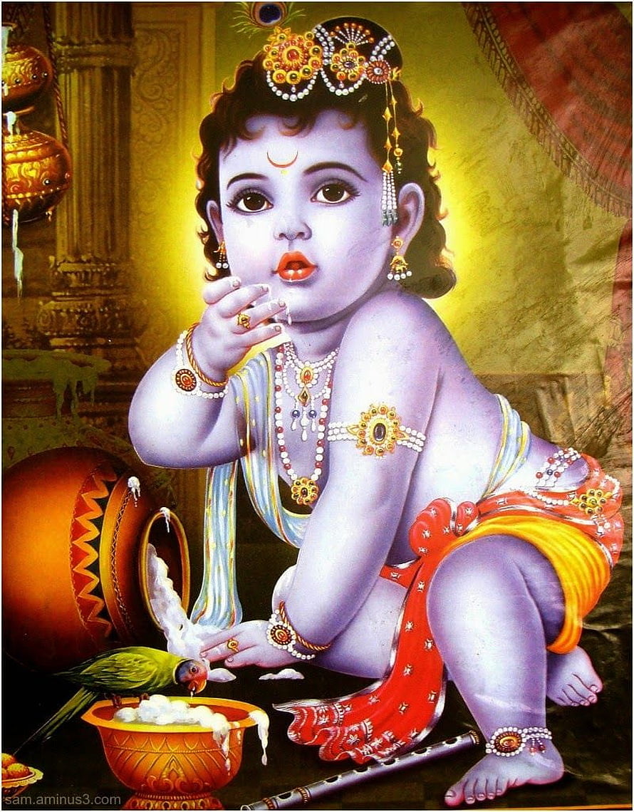 Baby Krishna Eating Butter with Parrot and Flute in Traditional Indian Art HD phone wallpaper