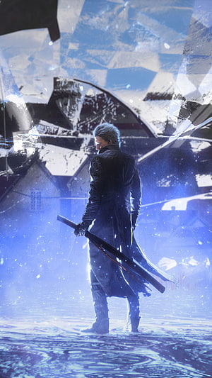Vergil from Devil May Cry 5 Standing in Shattered Glass with Katana HD phone wallpaper