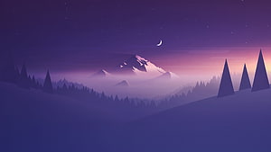 Minimalist Snow-Capped Mountain Landscape Under a Crescent Moon and Starry Night Sky HD wallpaper