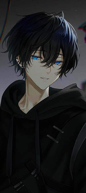 Dark-haired anime boy with striking blue eyes wearing a black hoodie in a moody digital illustration HD phone wallpaper