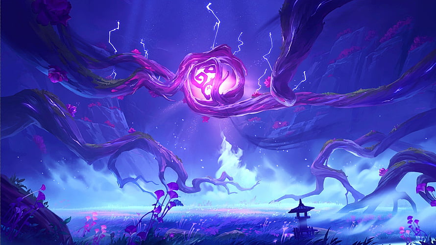 Genshin Impact Inazuma Region Fantasy Landscape with Glowing Vortex and Twisted Trees HD wallpaper