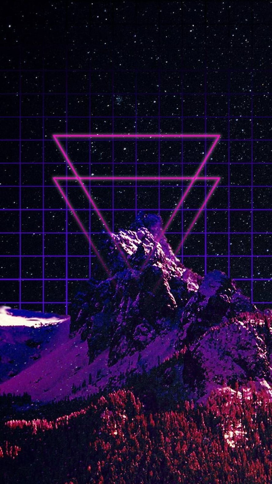 Vaporwave Mountain Peak with Neon Grid and Geometric Triangles in Purple Night Sky HD phone wallpaper