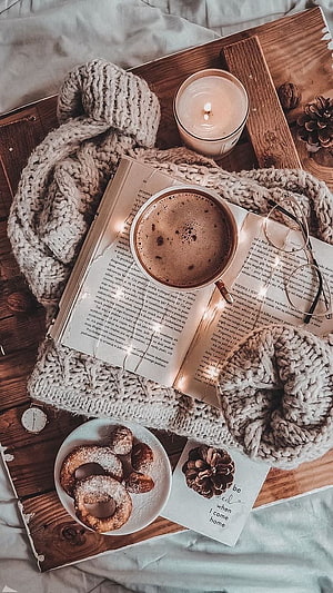 Cozy Winter Flat Lay With Hot Chocolate, Knit Blanket, Open Book, and Cinnamon Donuts HD phone wallpaper