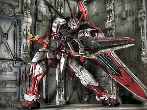 Gundam Astray Red Frame Kai Model with Beam Saber and Shield in Industrial Setting HD wallpaper