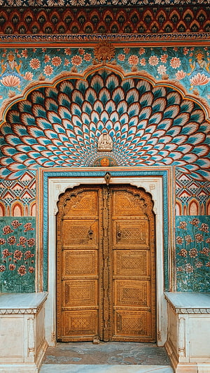 Ornate Carved Wooden Doorway with Intricate Mughal Floral Mural in Jaipur, Rajasthan HD phone wallpaper