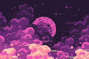 Retro Pixel Art Night Sky with Pink Moon and Purple Clouds HD wallpaper