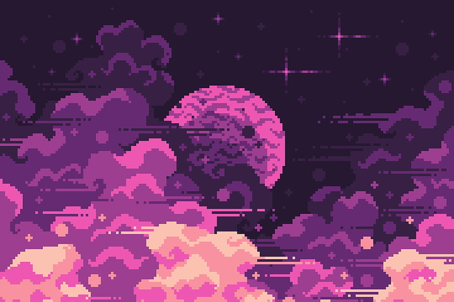 Retro Pixel Art Night Sky with Pink Moon and Purple Clouds HD wallpaper
