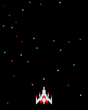 Retro Pixel Art Space Shooter with Colorful Starfield on Black Background HD phone wallpaper