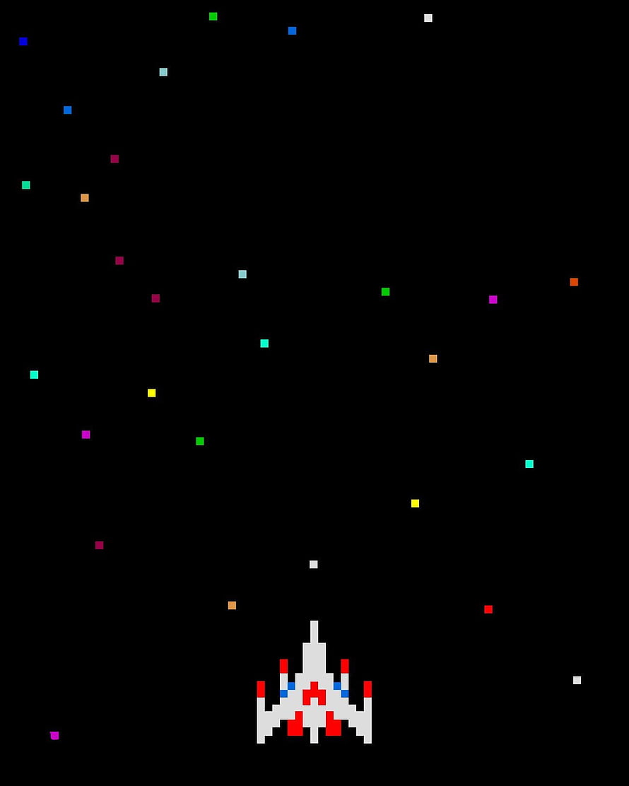 Retro Pixel Art Space Shooter with Colorful Starfield on Black Background HD phone wallpaper